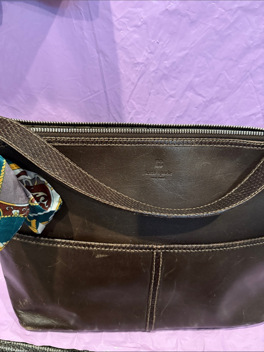 kate spade Brown Leather Messenger Bag with Scarf Accent